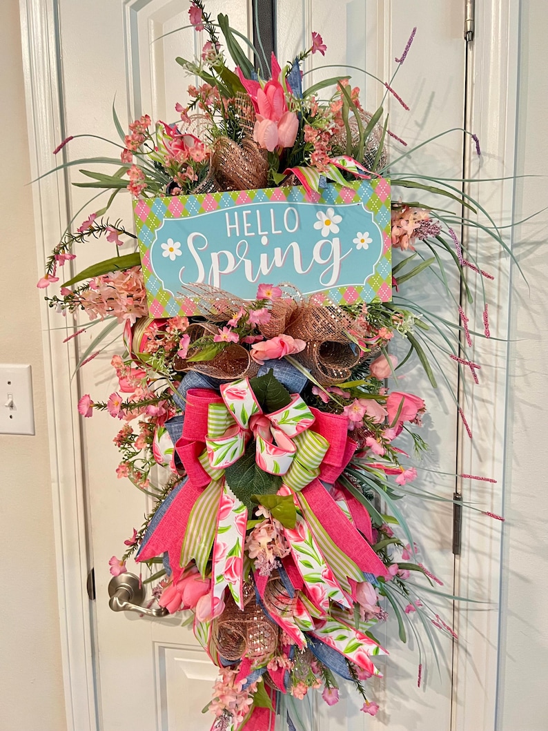 Hello Spring Teardrop Wreath, Denim and Pink Wreath, Floral Door Hanger, Everyday Wreath for Front Door image 2
