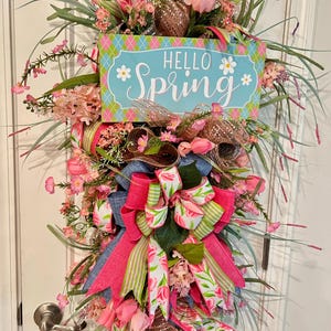Hello Spring Teardrop Wreath, Denim and Pink Wreath, Floral Door Hanger, Everyday Wreath for Front Door image 8