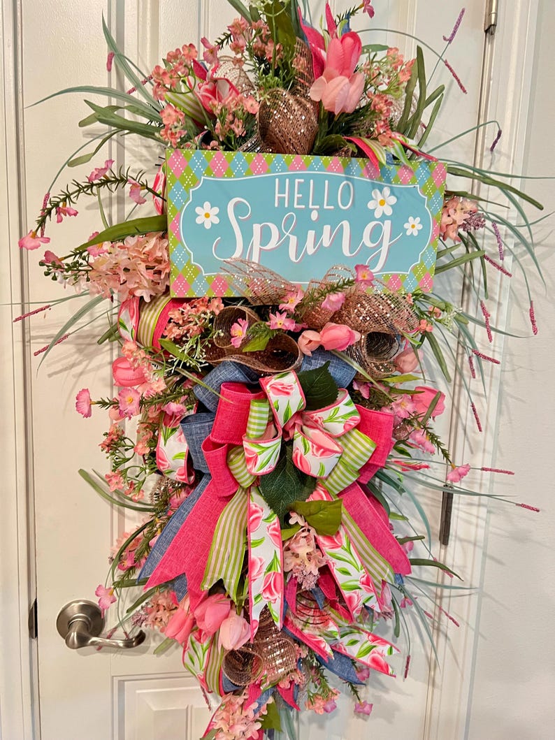 Hello Spring Teardrop Wreath, Denim and Pink Wreath, Floral Door Hanger, Everyday Wreath for Front Door image 8