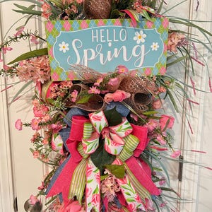 Hello Spring Teardrop Wreath, Denim and Pink Wreath, Floral Door Hanger, Everyday Wreath for Front Door image 5