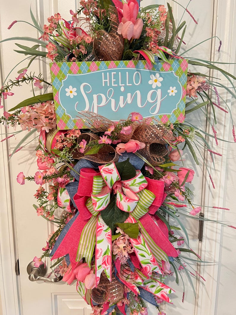 Hello Spring Teardrop Wreath, Denim and Pink Wreath, Floral Door Hanger, Everyday Wreath for Front Door image 5