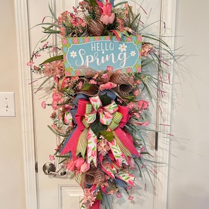 Hello Spring Teardrop Wreath, Denim and Pink Wreath, Floral Door Hanger, Everyday Wreath for Front Door image 1