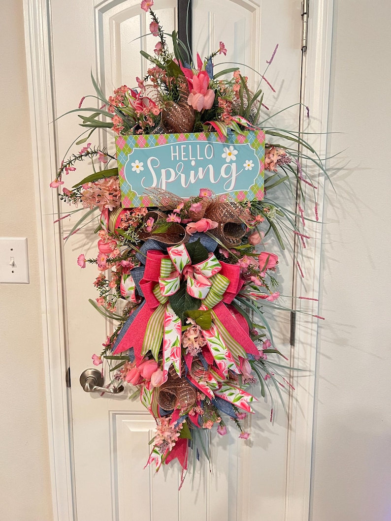 Hello Spring Teardrop Wreath, Denim and Pink Wreath, Floral Door Hanger, Everyday Wreath for Front Door image 1