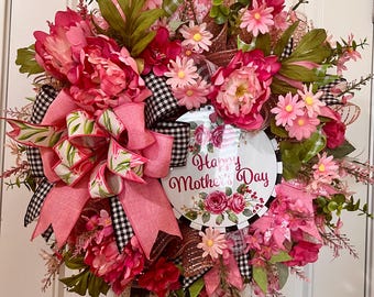 Pink Floral Mother's Day Wreath: Silk Flowers & Bow, 23 Inch