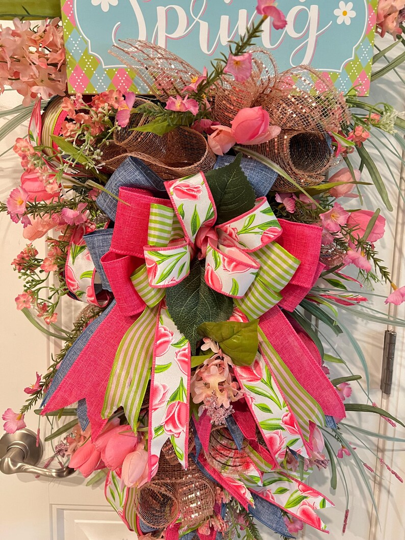 Hello Spring Teardrop Wreath, Denim and Pink Wreath, Floral Door Hanger, Everyday Wreath for Front Door image 7