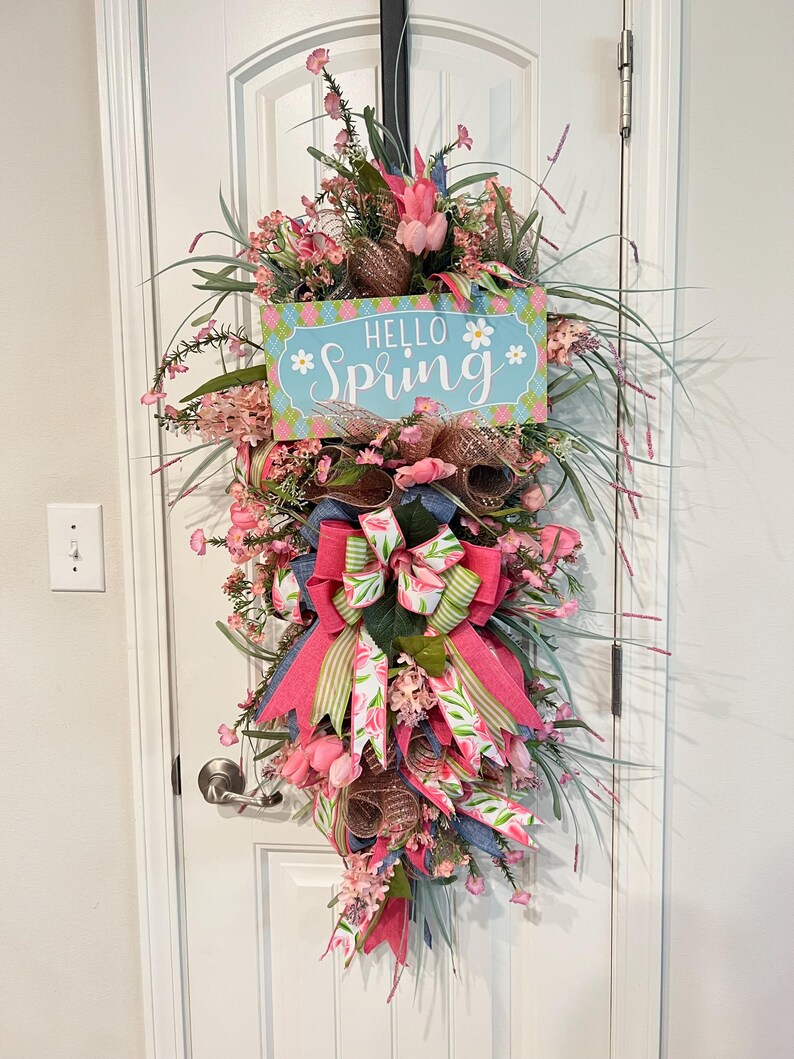 Hello Spring Teardrop Wreath, Denim and Pink Wreath, Floral Door Hanger, Everyday Wreath for Front Door image 6