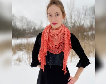 Coral Peach Ombré - Handmade lace shawl - boutique knit triangle scarf - Alpaca Merino gradient wool wrap - Made in Canada