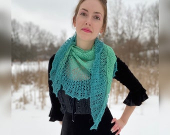 Mermaid Ombré - green blue teal - Handmade lace shawl - boutique knit triangle scarf - Alpaca Merino gradient wool wrap - Made in Canada
