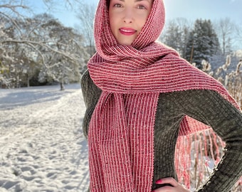 Candy Cane Winter Scarf - Hand woven luxury Wool Silk Mohair wrap - Blanket scarf made in Canada