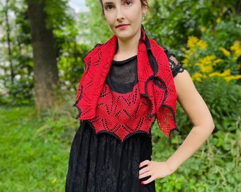 Vampire Bats - READY TO SHIP - Handmade lace shawl - red black boutique knit crescent scarf - Merino Silk wrap - Made in Canada