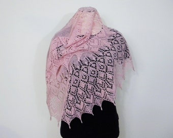 100% Tibetan Yak - Pastel Pink crescent Moon shawl - Princess of Hearts handmade luxury wrap - Knitted lace scarff made in Canada