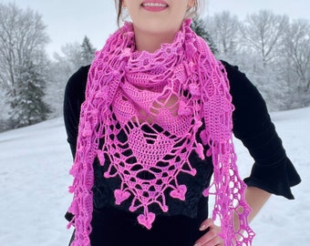 Crochet Hearts Shawl - Thick edition Pink - Soft merino alpaca Triangle scarf - Handmade in Canada