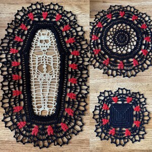 Skeleton Coffin Crochet Doily Set: Handmade Memento Mori Table Decor