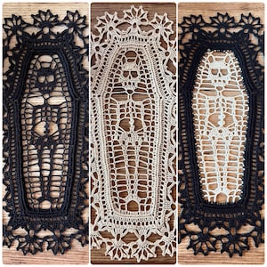 Skeleton Coffin Doily - IN STOCK Ready to ship - Handmade crochet table decor - Memento Mori