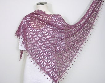 Flower of Life - mauve purple raspberry - handmade triangular lace shawl - merino wool knitted wrap scarf - Made in Canada by Shayna Love