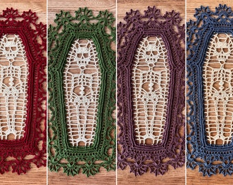 Skeleton Coffin Doily - Handmade crochet table decor - Memento Mori in colours red blue green purple