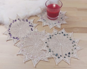 Magical Crystal Coasters - energy charging placemat - Amethyst Rose Quartz Fluorite Moss Agate - Natural stone Crochet candle mat - Handmade