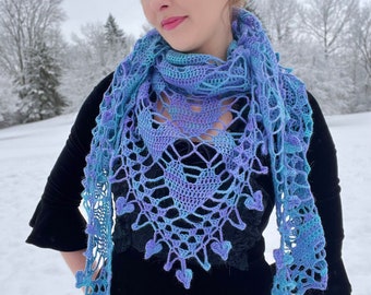 Crochet Hearts Shawl - Thick edition Periwinkle - Soft merino alpaca Triangle scarf - Handmade in Canada