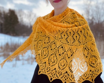 Golden Flowers - Angora Silk luxury lace Shawl - Beaded knitting handmade in Canada