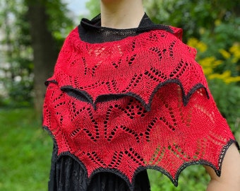 Vampire Bats - READY TO SHIP - Handmade lace shawl - red black boutique knit crescent scarf - Merino Silk wrap - Made in Canada