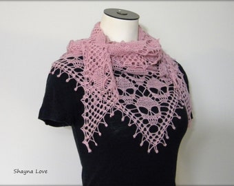 Crochet Skull Shawl - 100% yak wool - pink pompom luxury - handmade triangular scarf