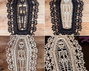 Skeleton Coffin Doily - Handmade crochet table decor - Memento Mori