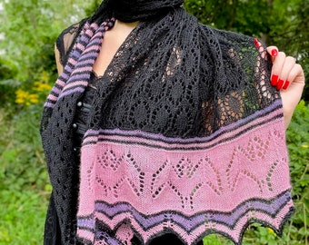 Spooky Kooky Bat shawl - pink purple black luxury lace scarf - angora wool silk handmade knit shawlette - Canadian Made unique rare find