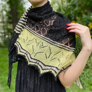 Spooky Kooky Fledermaus Schal - Schwarz Grün Beige Luxus Spitzenschal - Angora Wolle Seide Handgefertigtes Stricktuch - Canadian Made Unikat seltenen Fund