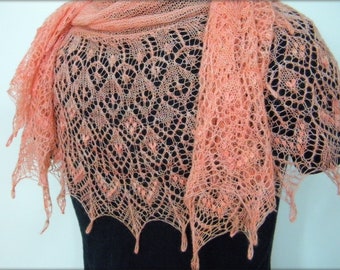 Peach Princess - Camel & Cashmere Luxury knitted scarf - handmade gossamer shawl - coral crescent - merino lace shawlette