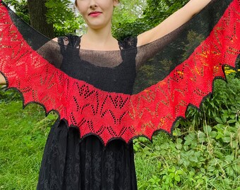 Murciélagos vampiro - Chal de encaje hecho a mano - Bufanda de media luna de punto de boutique roja y negra - Chal de seda merino - Hecho en Canadá