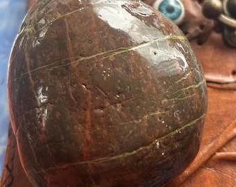 Beach Stone natural decor , Paperweight, Ostrich Egg Shape, Brown with Green Veins