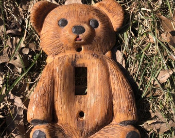 wood burned wood switch plate Teddy bear wood light switch cover