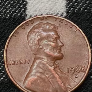 Lincoln Penny Error,  1968 D Penny,  Circulated Coin,  Uncertified,  coin collector gift L on Edge, In God We Trust on Rim USED abused cool