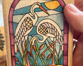 CRANES flamingo birds wood stamp block, stained glass window