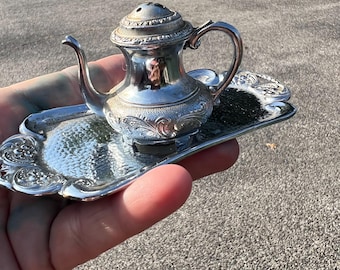 Miniature Teapot, home decor, with  Tray , Lonely Salt Shaker or Pepper, Adorable vintage metal