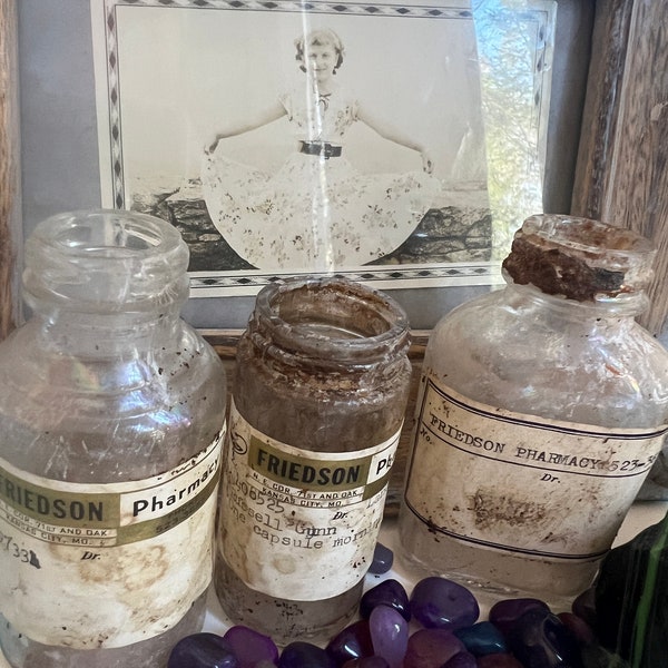 Antique Medical Bottles Home Decor Dug  Tombstone Repurposed Pharmacy Labels Gift for Her Home Decor Shabby Broken Forgotten Found Objects