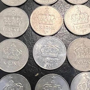 Vintage Norway Coins, Krone Set 12 pc Norwegian currency, Olav V collection, 1970s-1990s, crafts or jewelry making, cosplay currency Viking