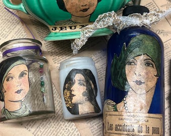 French Milk Glass Bottle Dump vintage ephemera handmade Upcycled skin lotion jar