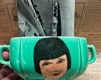 Pottery Sugar Bowl with French PostCards, Bottle Dump As is