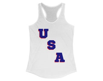 United States of America USA Hockey Design Style Women's Racerback Tank, Available in White and Gray/Grey