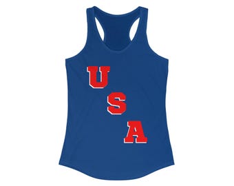 United States of America USA Hockey Design Style Women's Racerback Tank, Available in Royal and Navy Blue