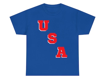 United States of America USA Hockey Design Style Unisex Heavy Cotton Tee T-Shirt, Available in Royal and Navy Blue