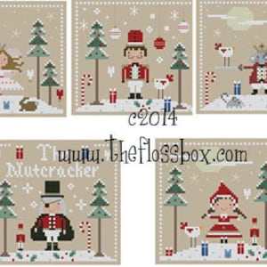 May include: Four cross-stitch patterns featuring characters from the Nutcracker ballet. The patterns include a ballerina, a nutcracker soldier, a mouse king, and a girl in a red hooded cloak. The patterns are all set against a beige background with snowflakes and candy canes.