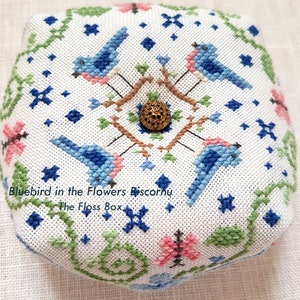 Bluebird in the Flowers Biscornu Pattern for Cross Sttich