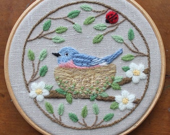 Nesting Bluebird Crewel Embroidery Pattern and Kit