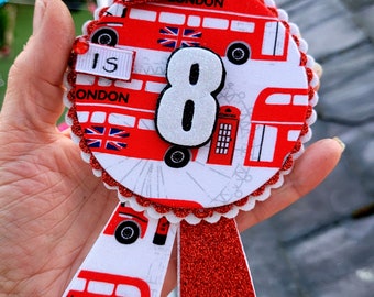 Personalised Birthday badge, london bus birthday badge, Red bus birthday badge, celebration badge, keepsake badge, velcro safety flap