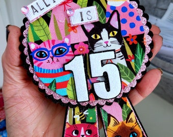 Personalised Birthday badge, Pussy cat birthday badge, cat birthday badge, celebration badge, keepsake badge, velcro safety flap