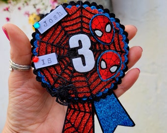 Personalised Birthday badge, spider inspired birthday badge,personalized birthday badge, keepsake badge, with velcro safety flap