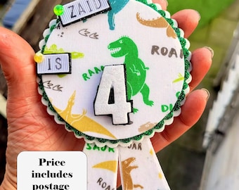 Personalised fabric Dinosaur badge, Tyrannosaurus rex birthday badge, T. Rex badge, with safety flap. Price includes postage