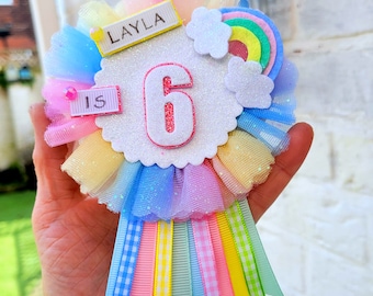 Personalised birthday badge, Pastel Rainbow birthday badge, rainbow badge, Pastel tulle rainbow badge